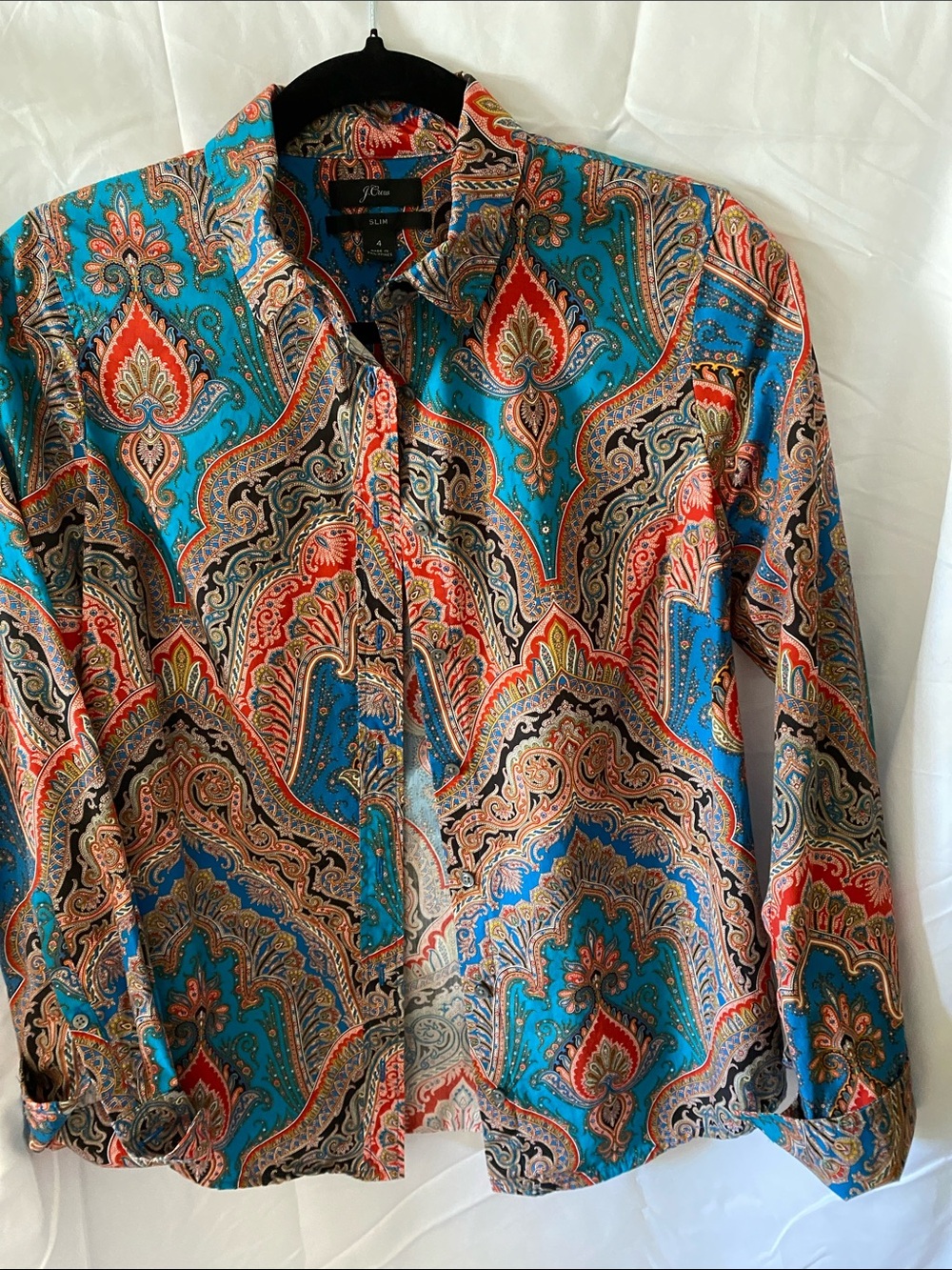 J. Crew Teal and Red Paisley Button-Up Shirt